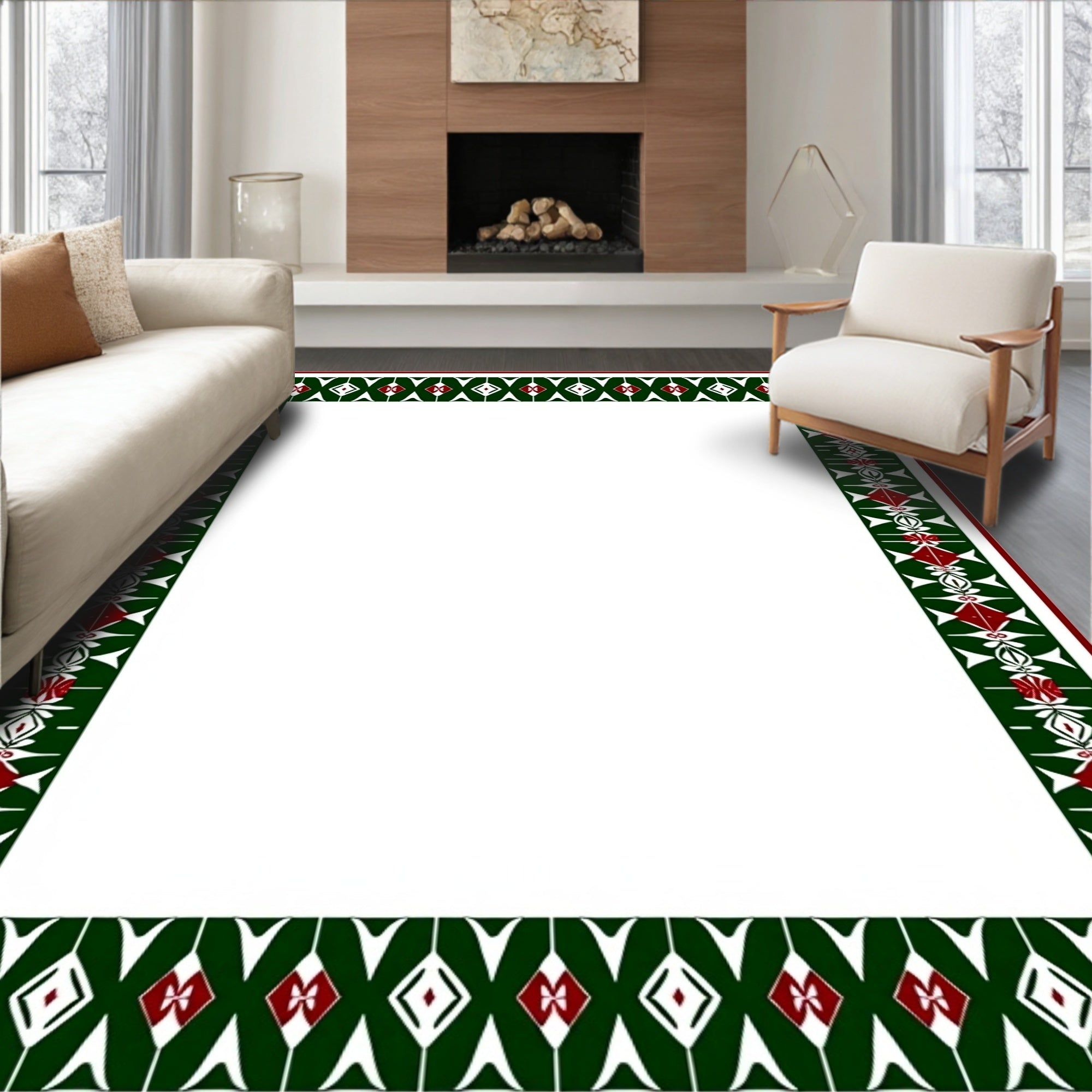 Bold Geometric Red Green Pattern Border Rug