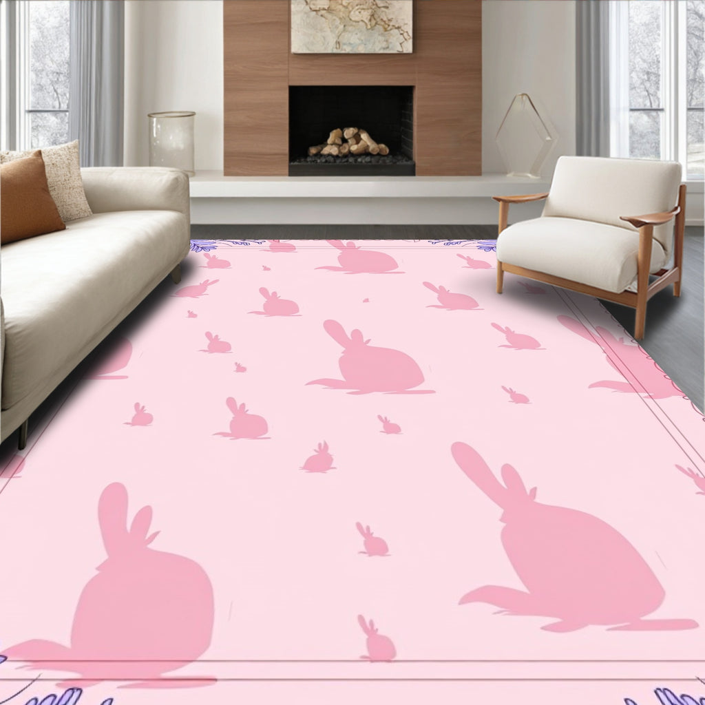 Pink Bunny Pattern With Floral Border Rug