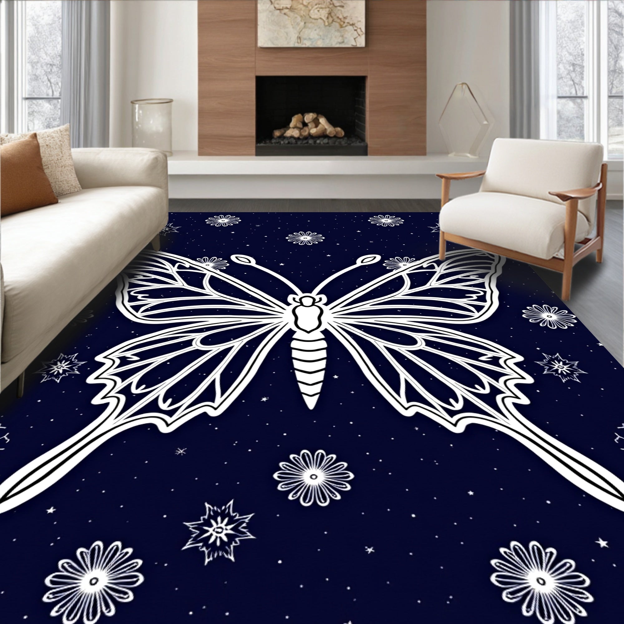 Night Sky Butterfly Floral Pattern Rug