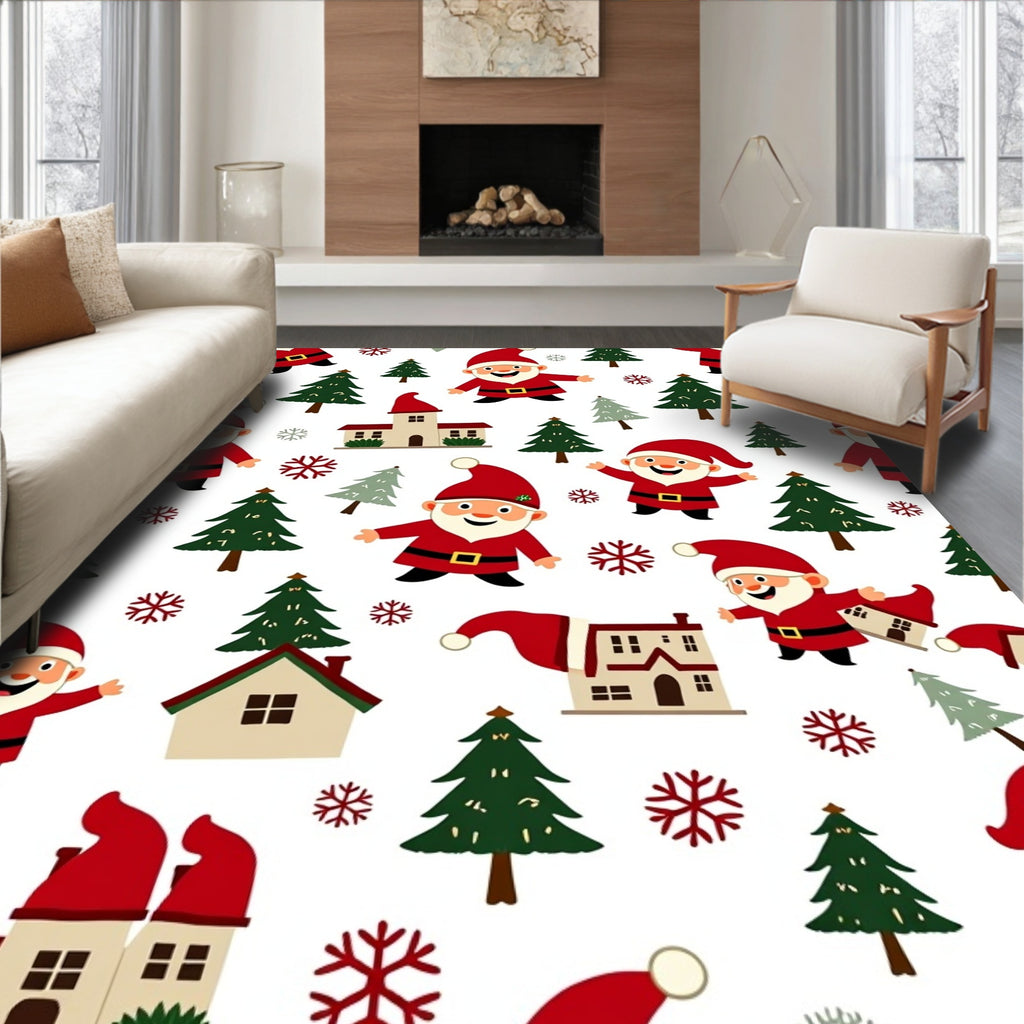 Whimsical Santa Claus Christmas Trees Houses Rug