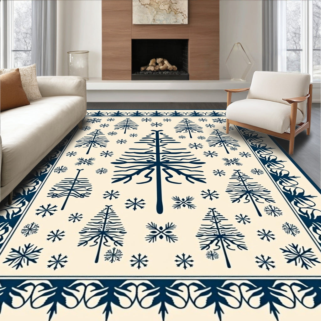 Navy Pine Tree Snowflake Pattern Rug