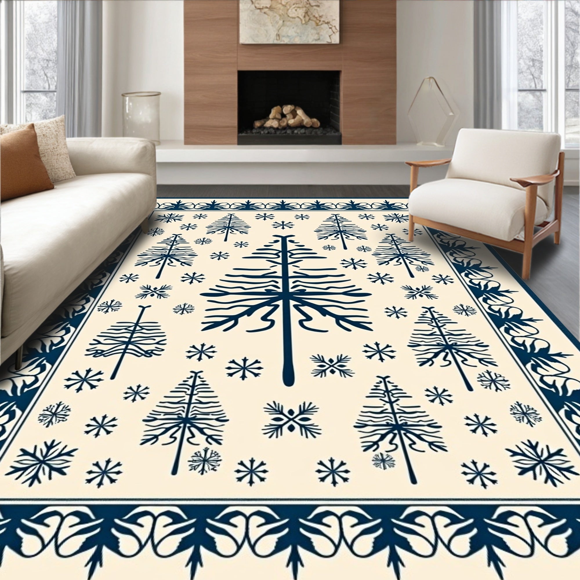 Navy Pine Tree Snowflake Pattern Rug