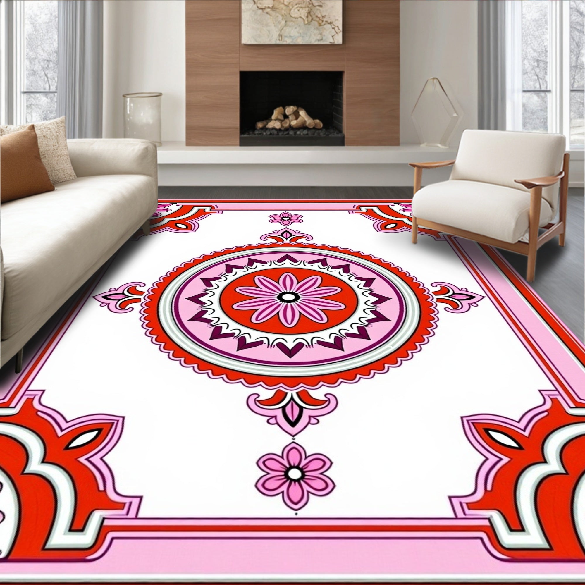 Vibrant Floral Mandala Border Design Rug