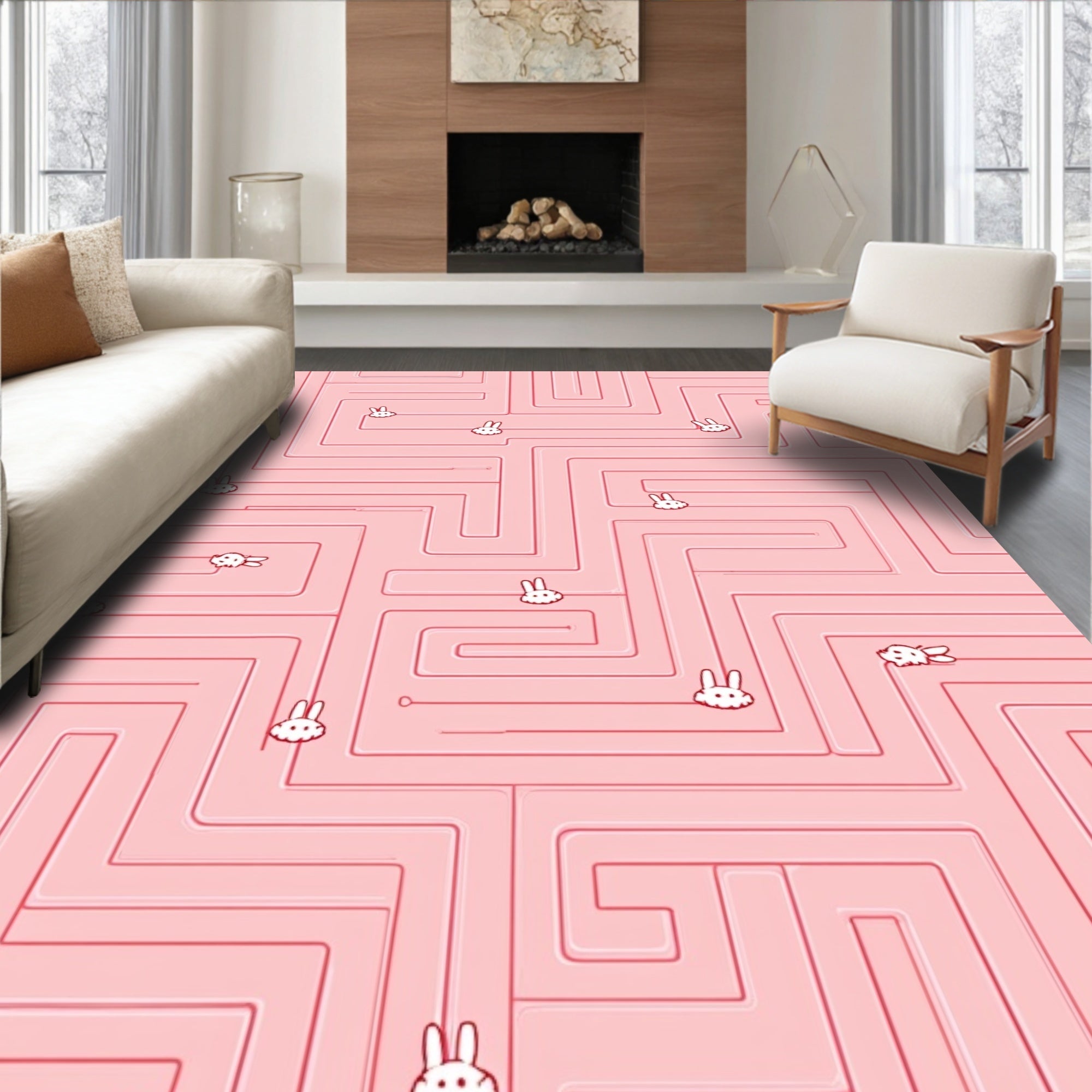 Pink Maze With Cartoon Bunnies Rug