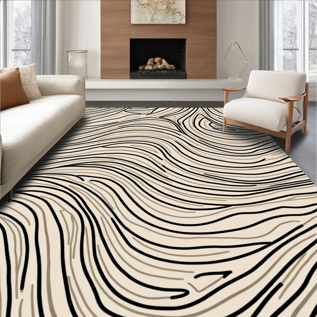 Beige and Black Swirl Wood Grain Rug