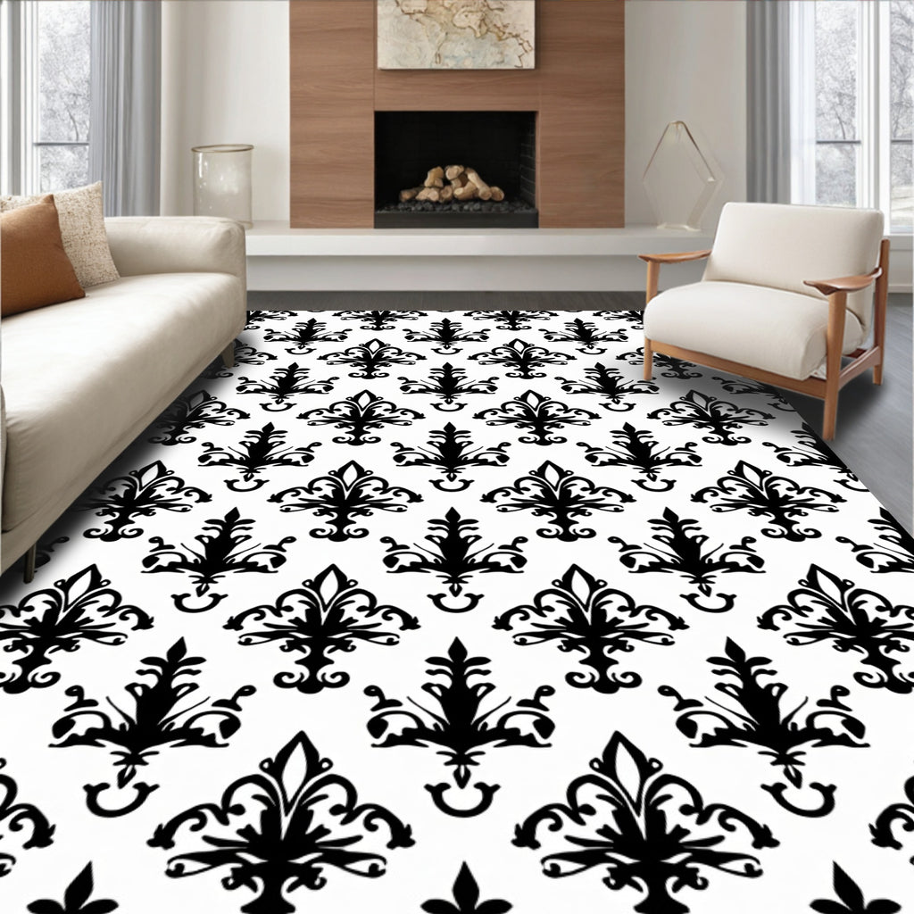 Classic Black White Fleur-de-lis Pattern Rug