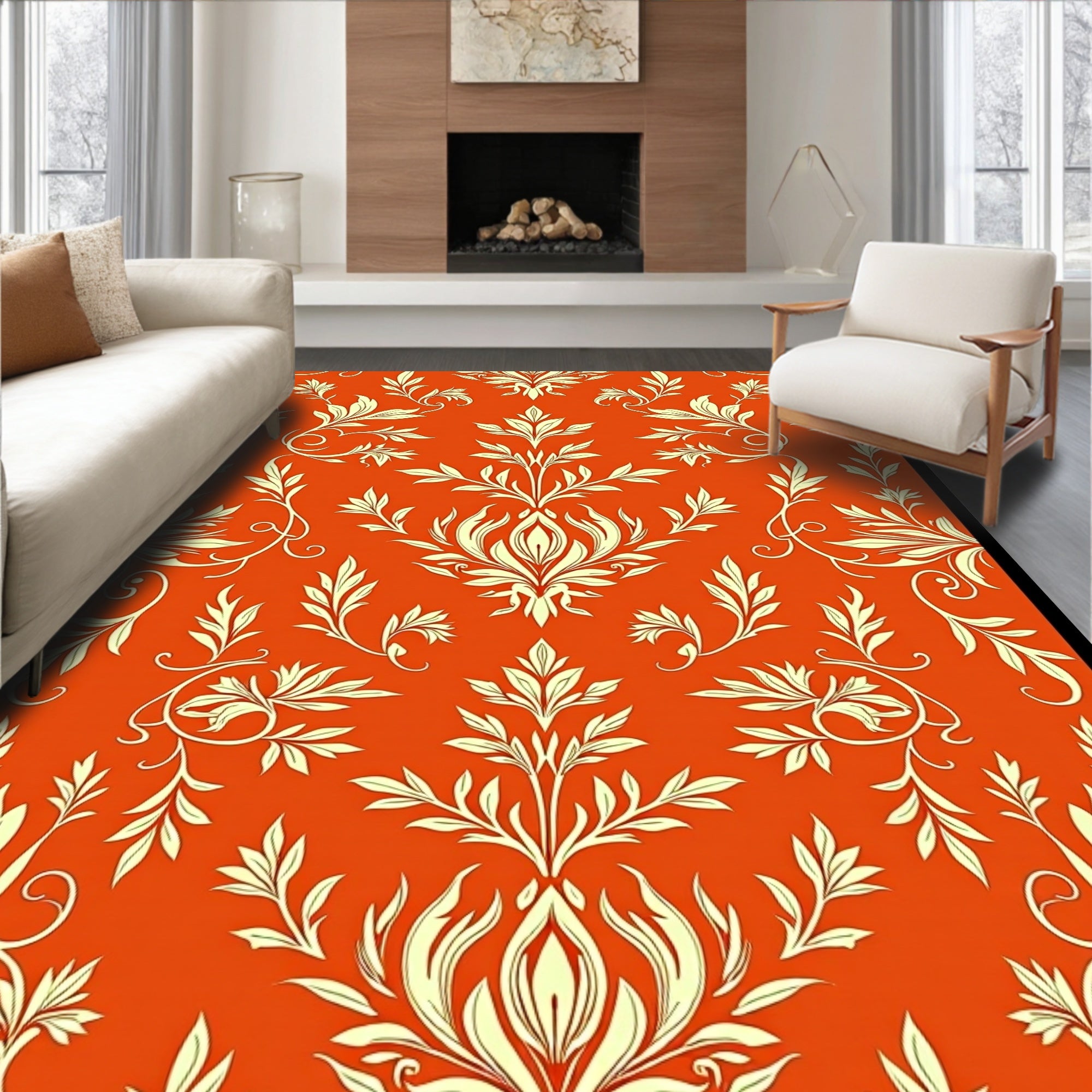 Damask Floral Patterned Orange Rug Design Rug