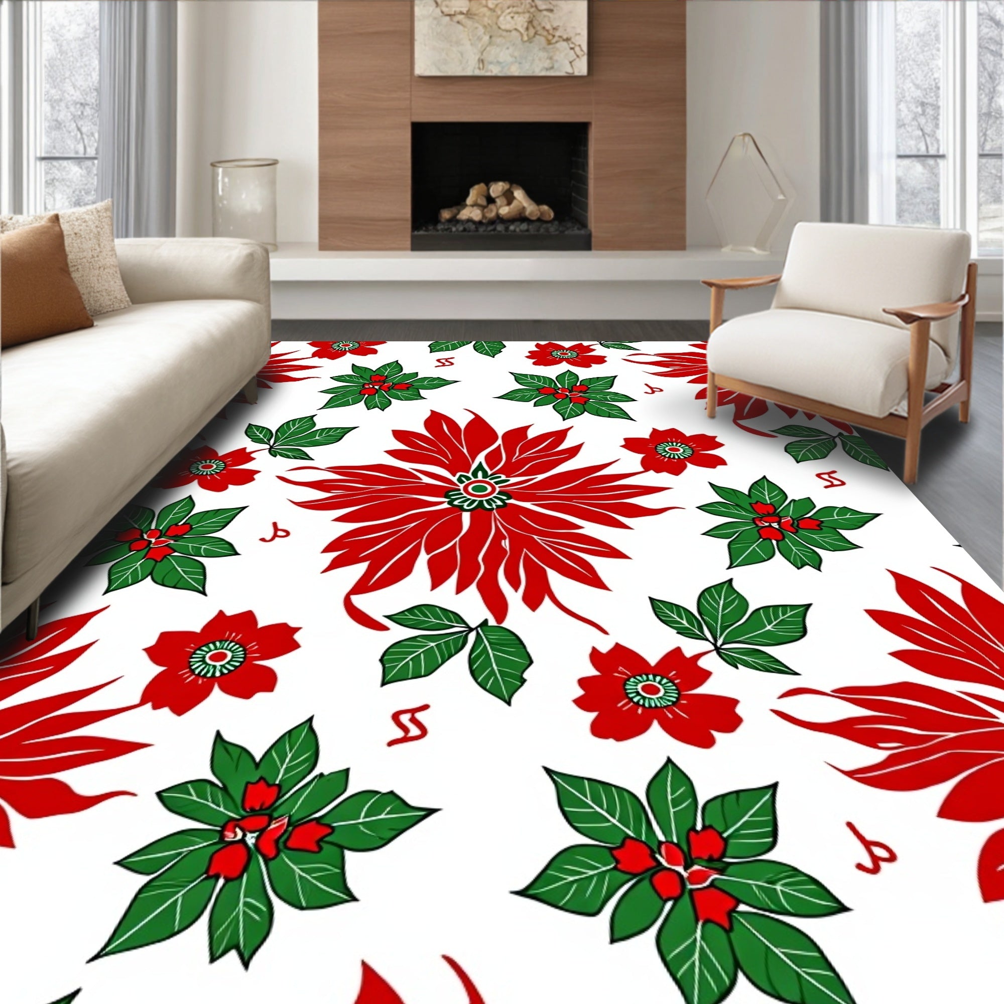 Vibrant Red Poinsettia Garden Overlay Rug
