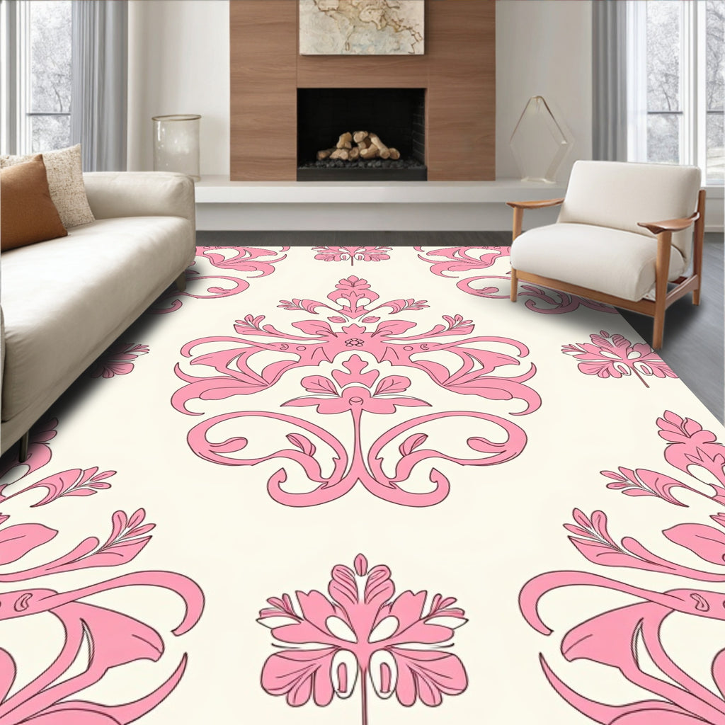 Elegant Pink Floral Damask Pattern Rug