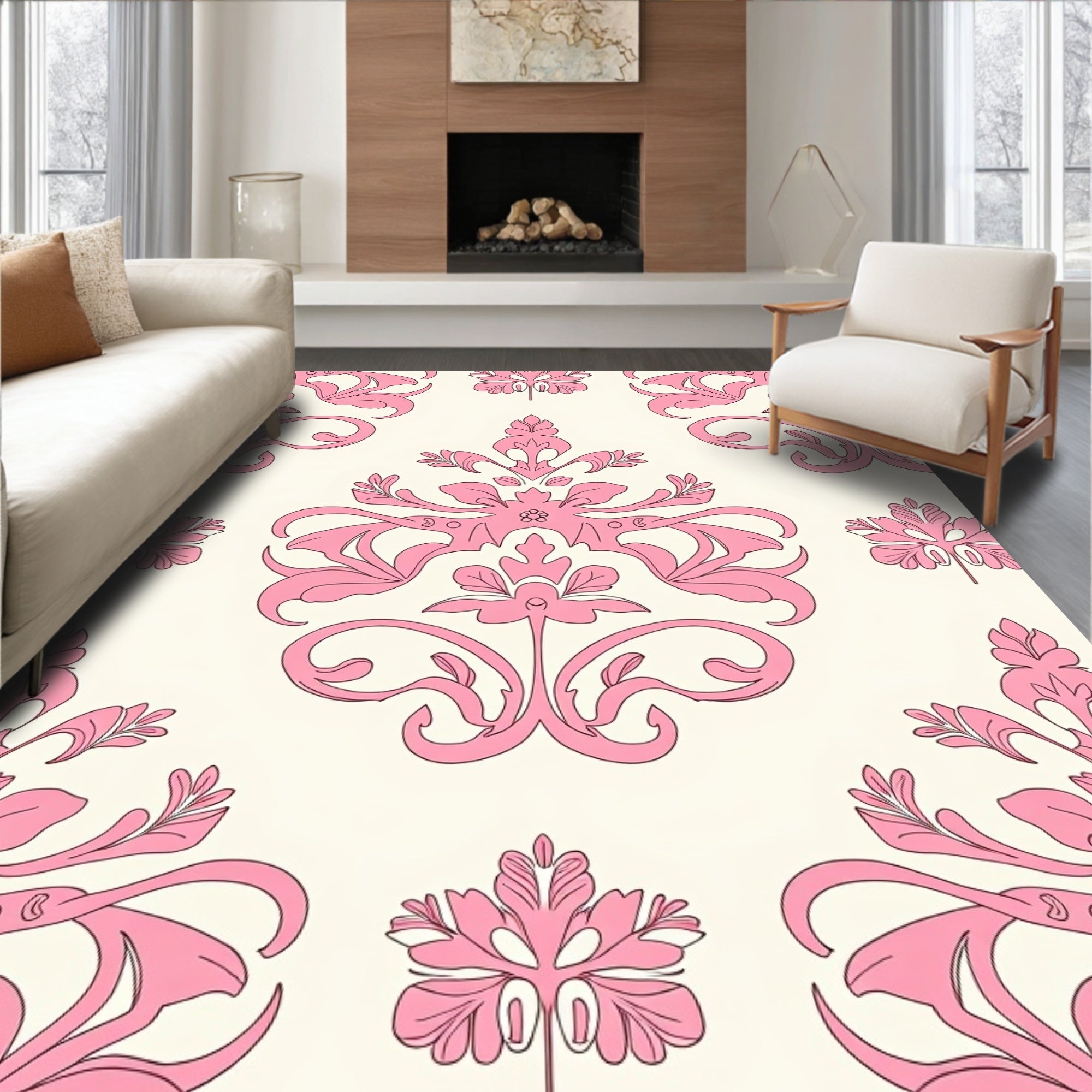 Elegant Pink Floral Damask Pattern Rug