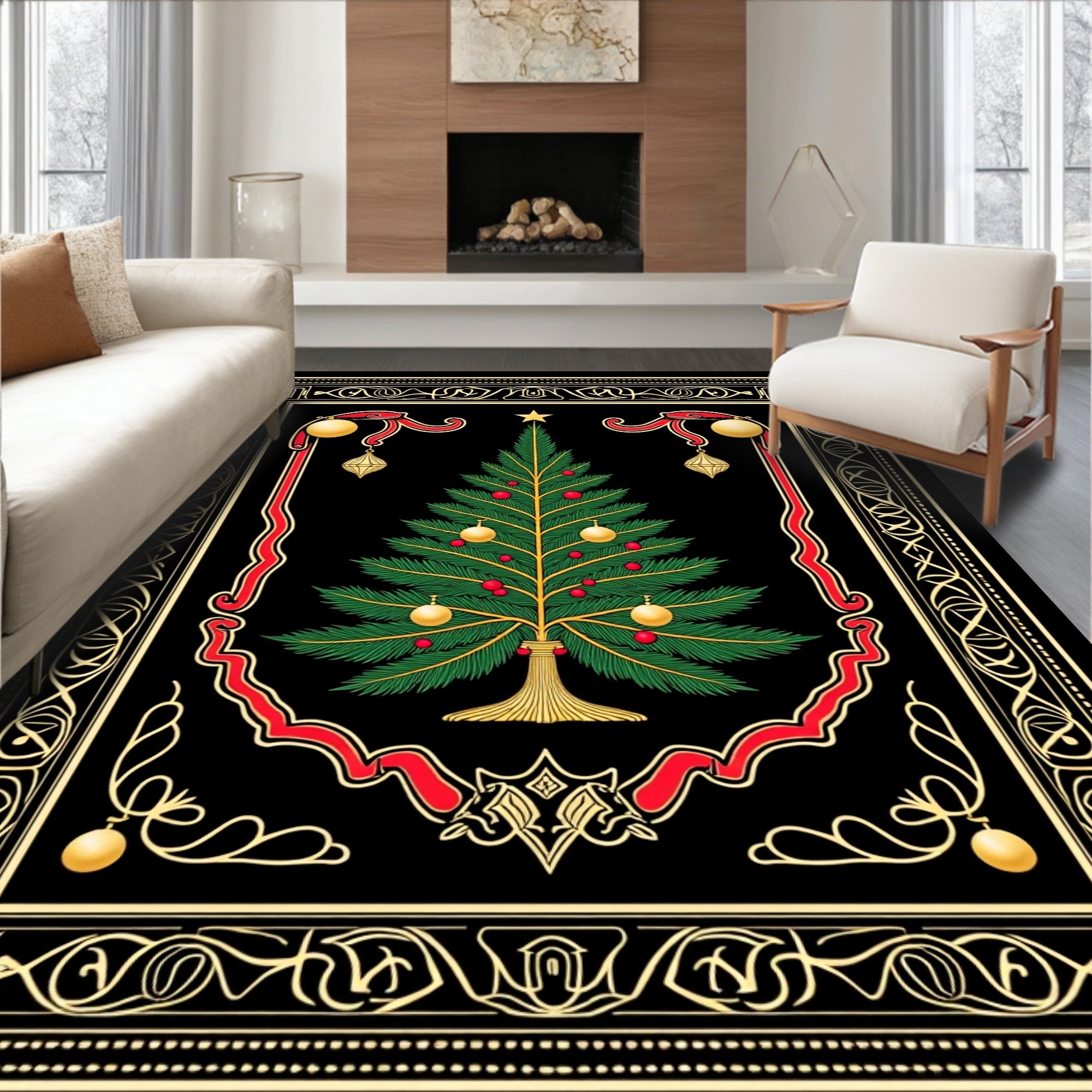 Festive Evergreen Tree Ornate Border Rug