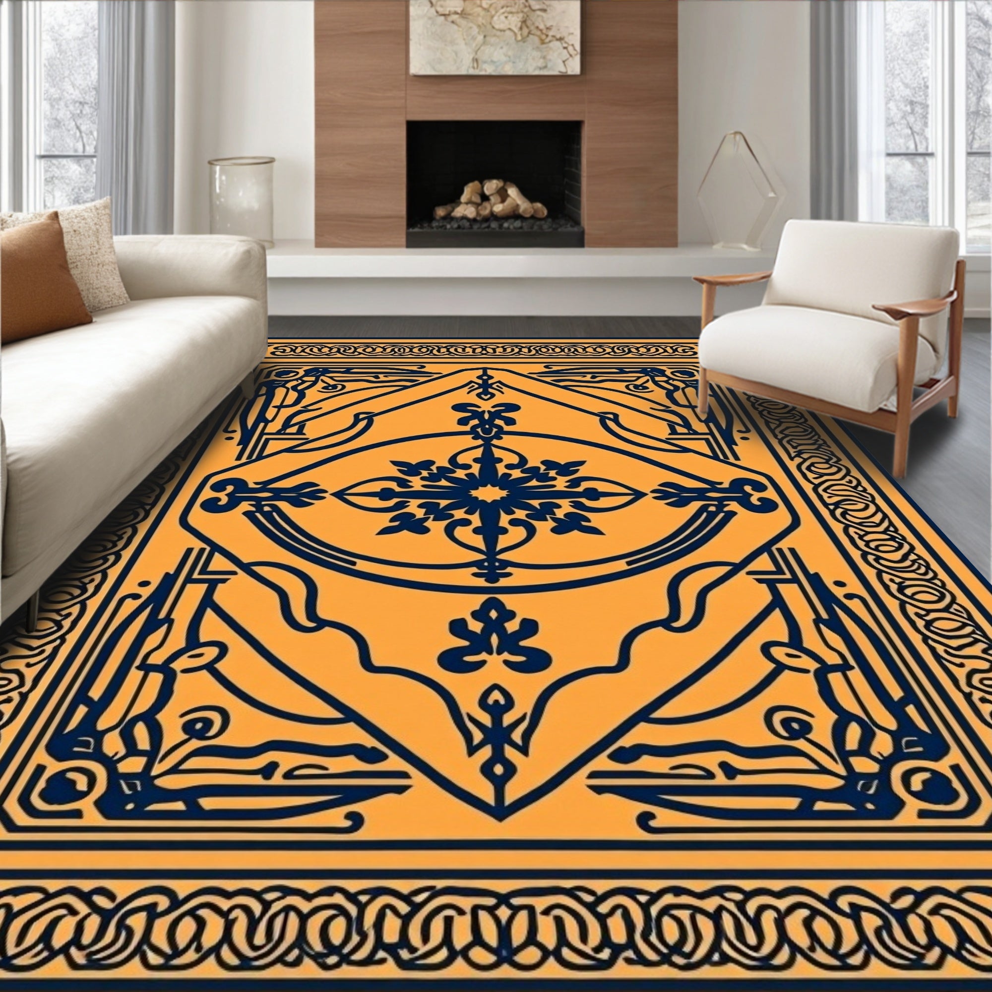 Ornate Yellow Blue Geometric Pattern Rug