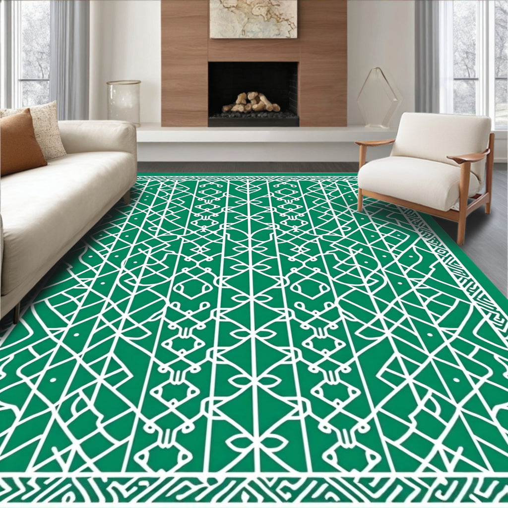 Intricate Green White Geometric Pattern Rug