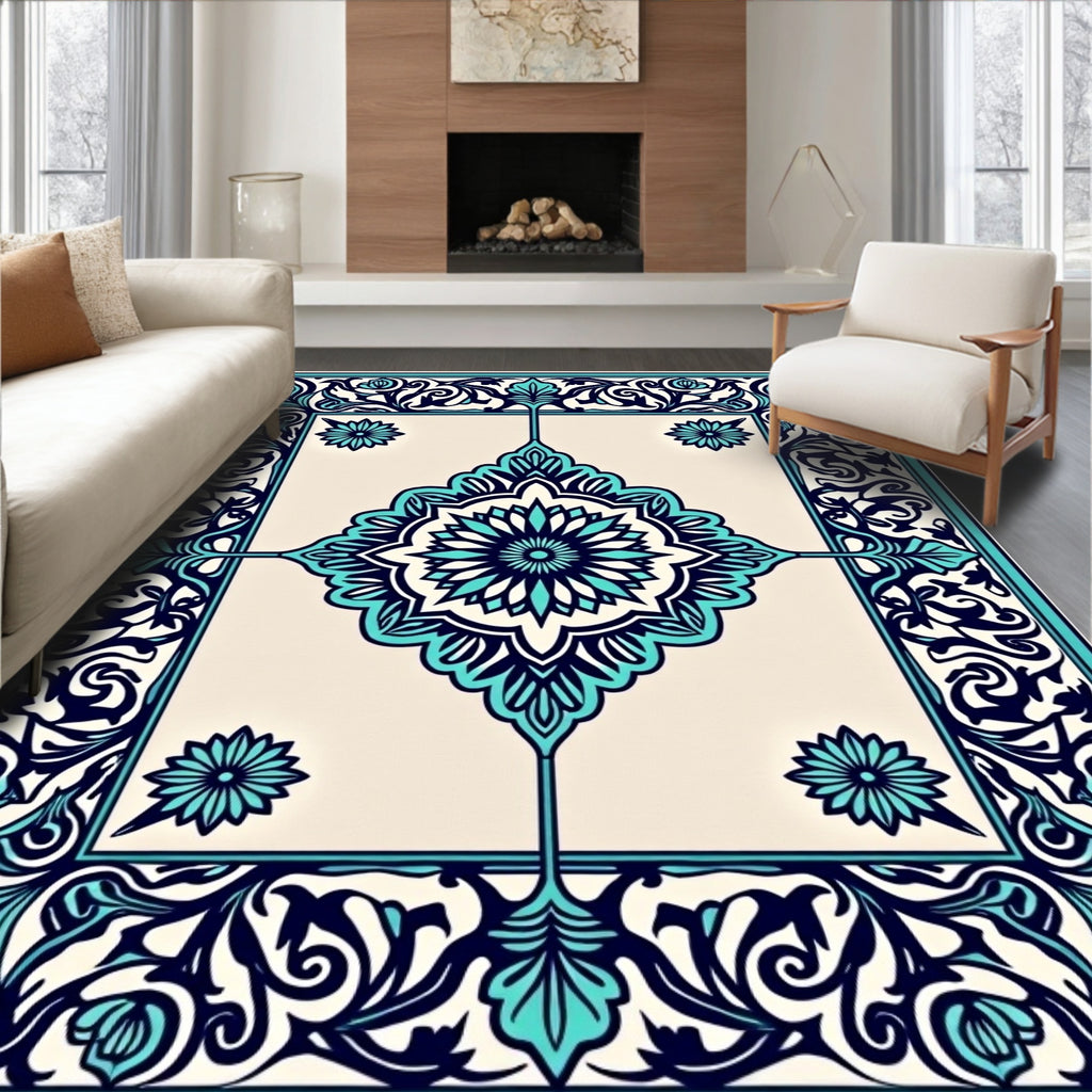 Vibrant Teal Floral Medallion Pattern Rug