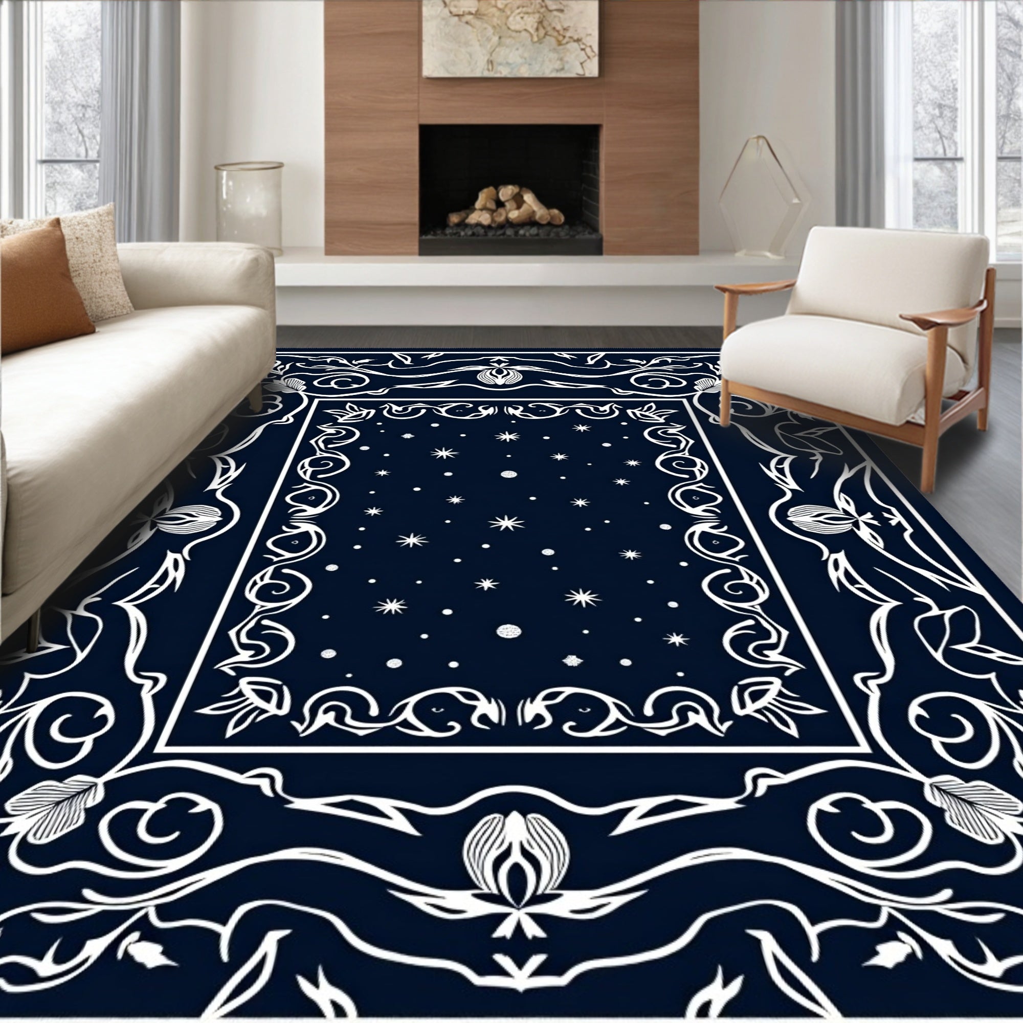 Midnight Floral Scrolled Star Pattern Rug