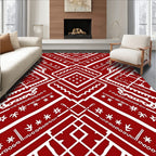 Crimson And White Geometric Tribal Pattern Rug