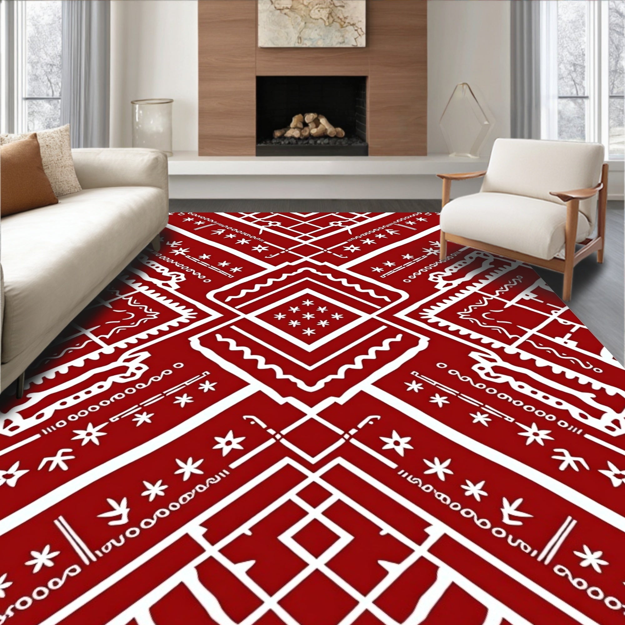Crimson And White Geometric Tribal Pattern Rug