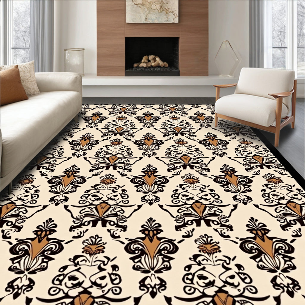 Classic Black Brown Damask Pattern Rug