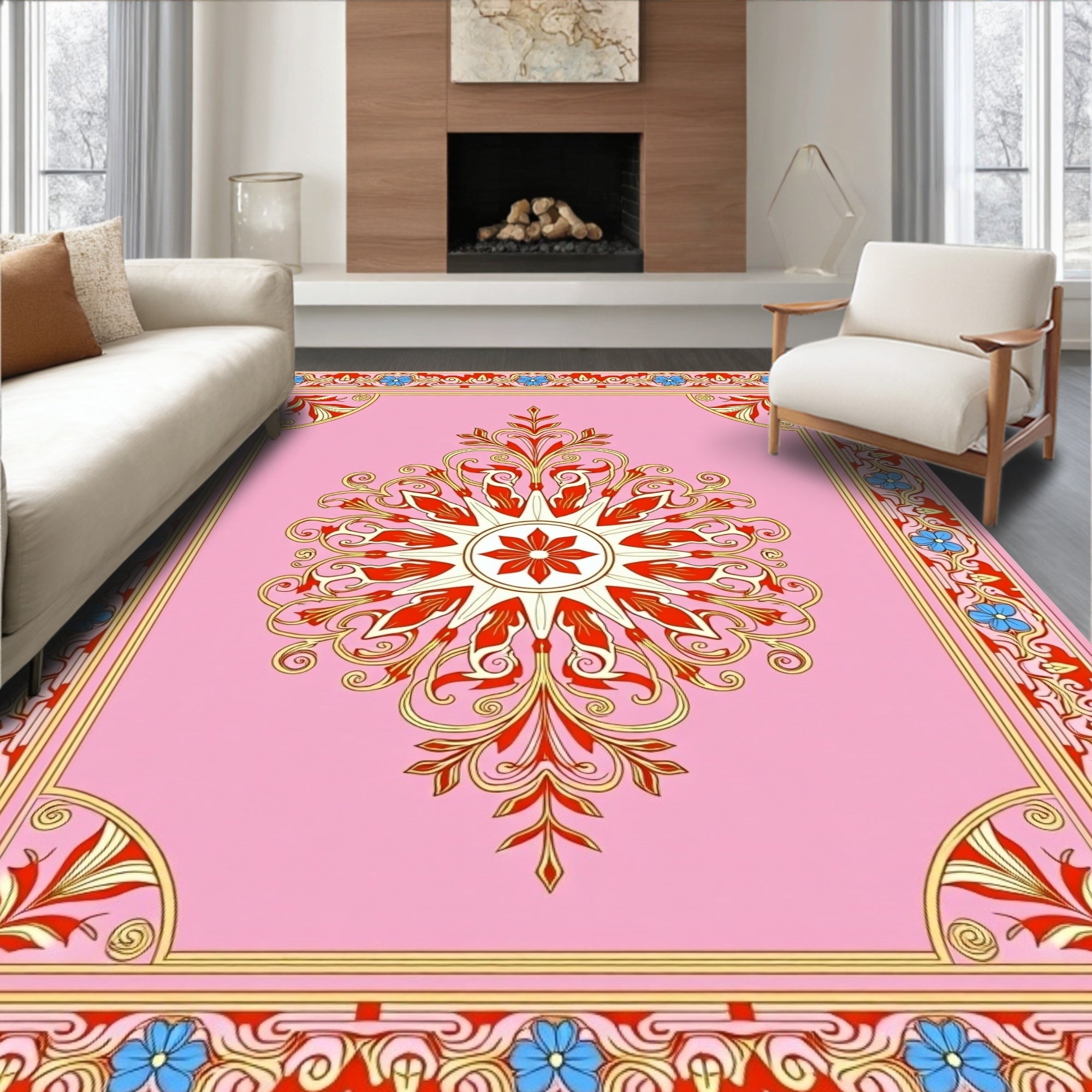 Elegant Pink Floral Medallion Border Rug