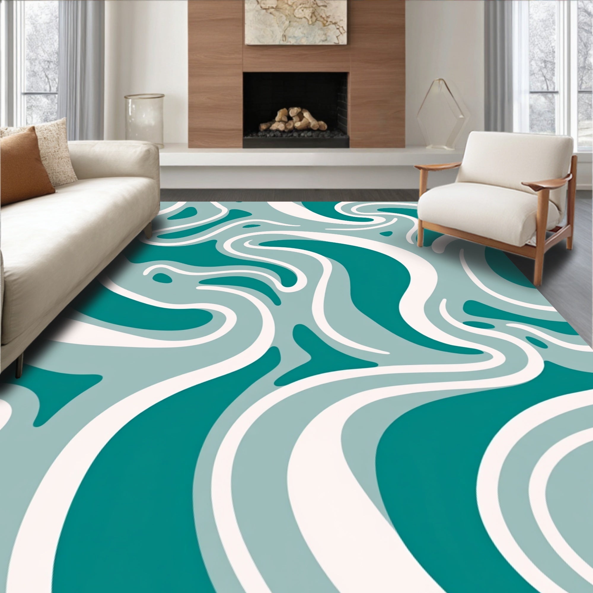 Teal And White Fluid Swirl Pattern Rug