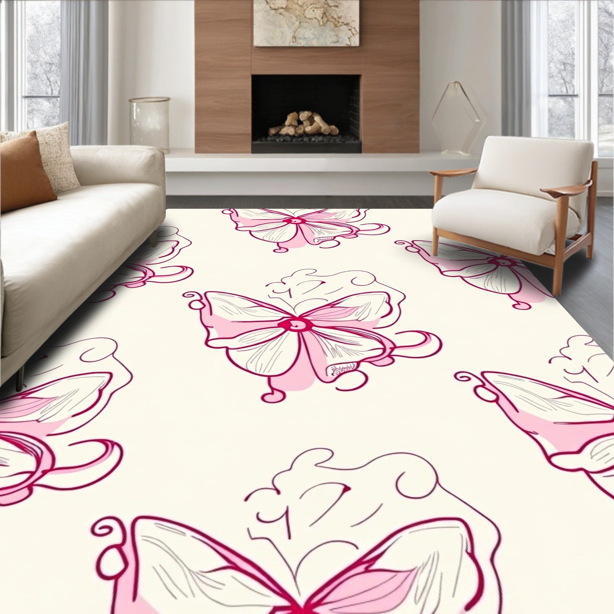 Pink Delicate Butterfly Pattern Design Rug