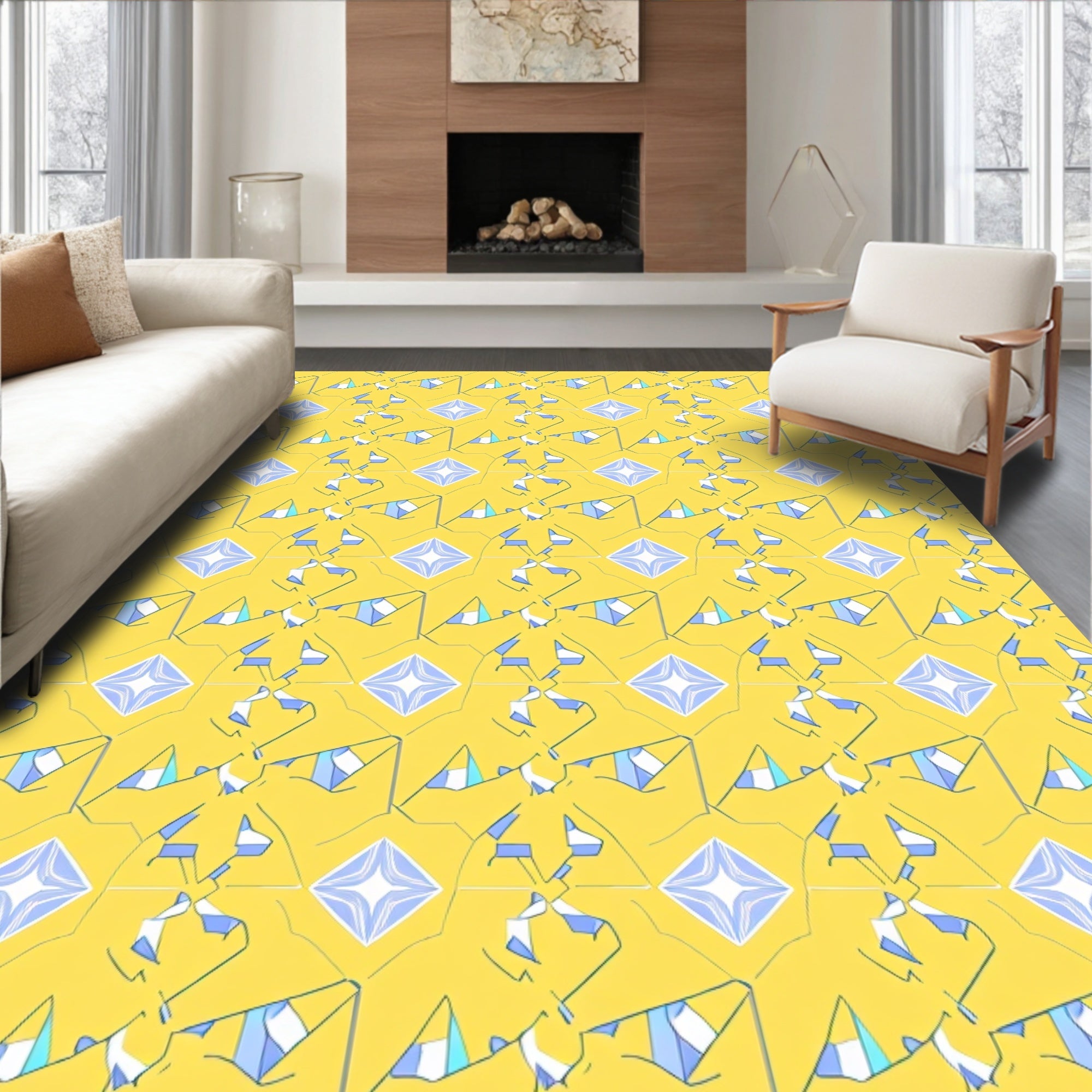 Geometric Abstract Yellow Blue Pattern Rug