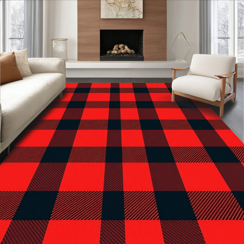 Classic Red Black Plaid Design Rug