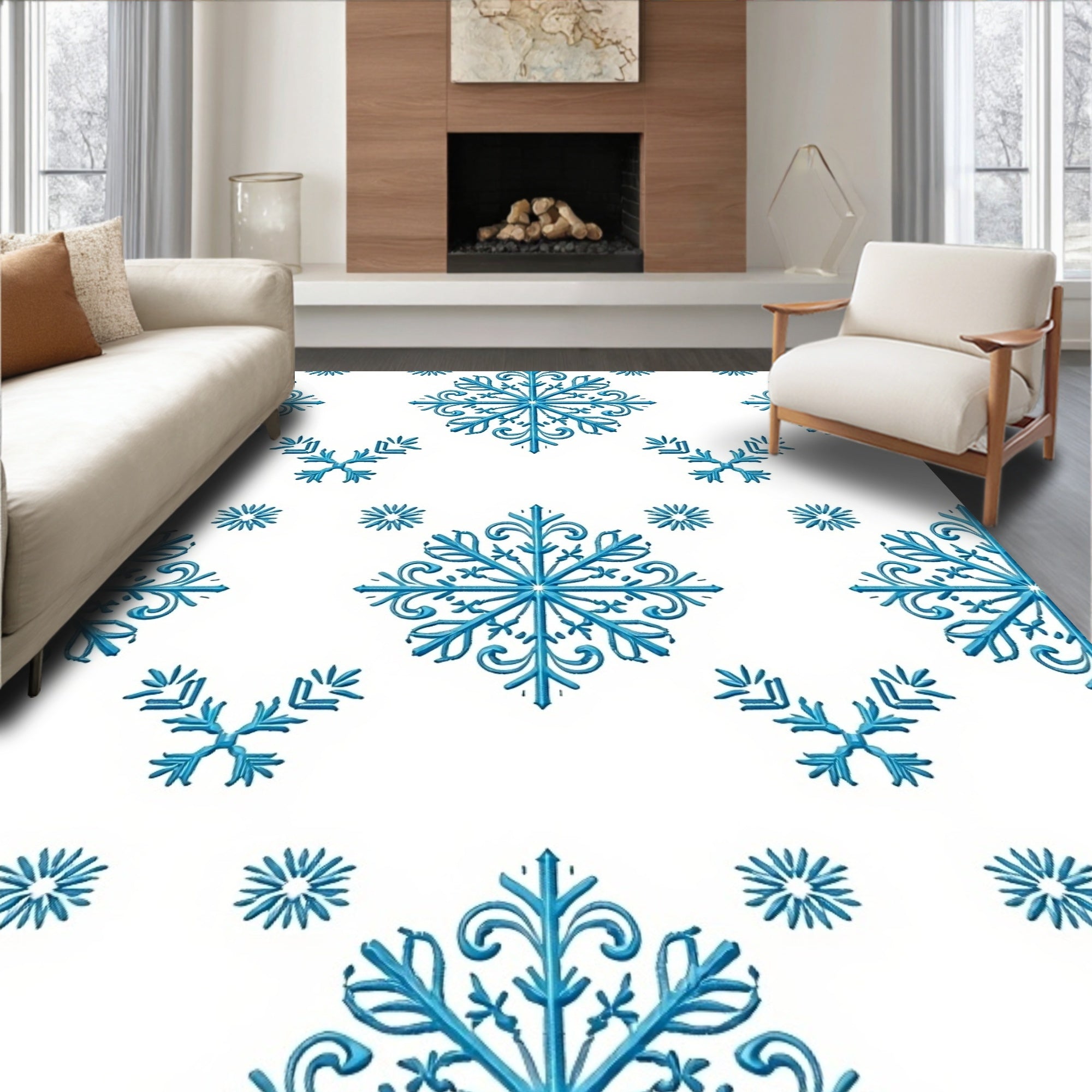 Icy Blue Snowflake Symmetry Rag Rug