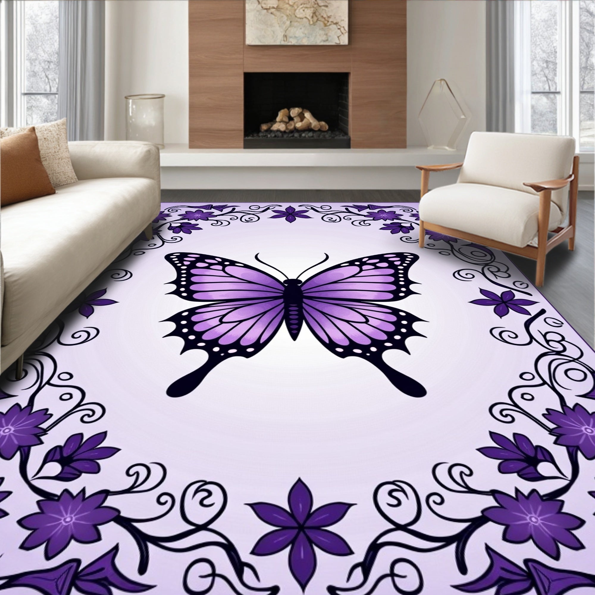Purple Butterfly Floral Vine Design Rug