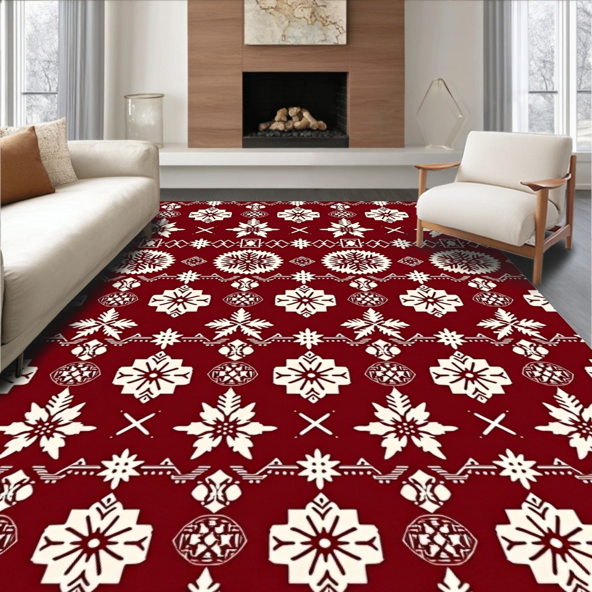 Crimson Snowflake Diamond Pattern Rug