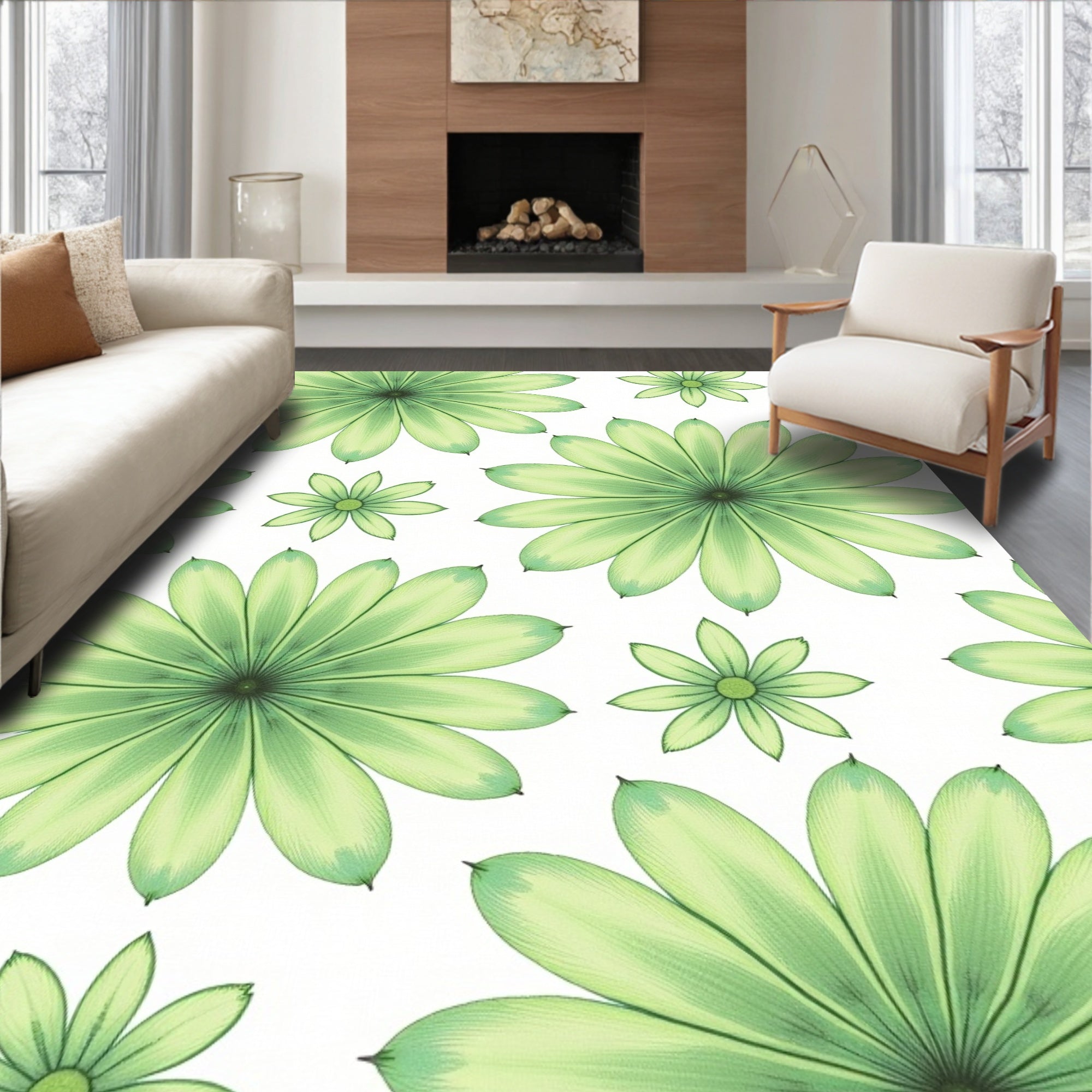 Bright Green Daisy Floral Repeat Rug