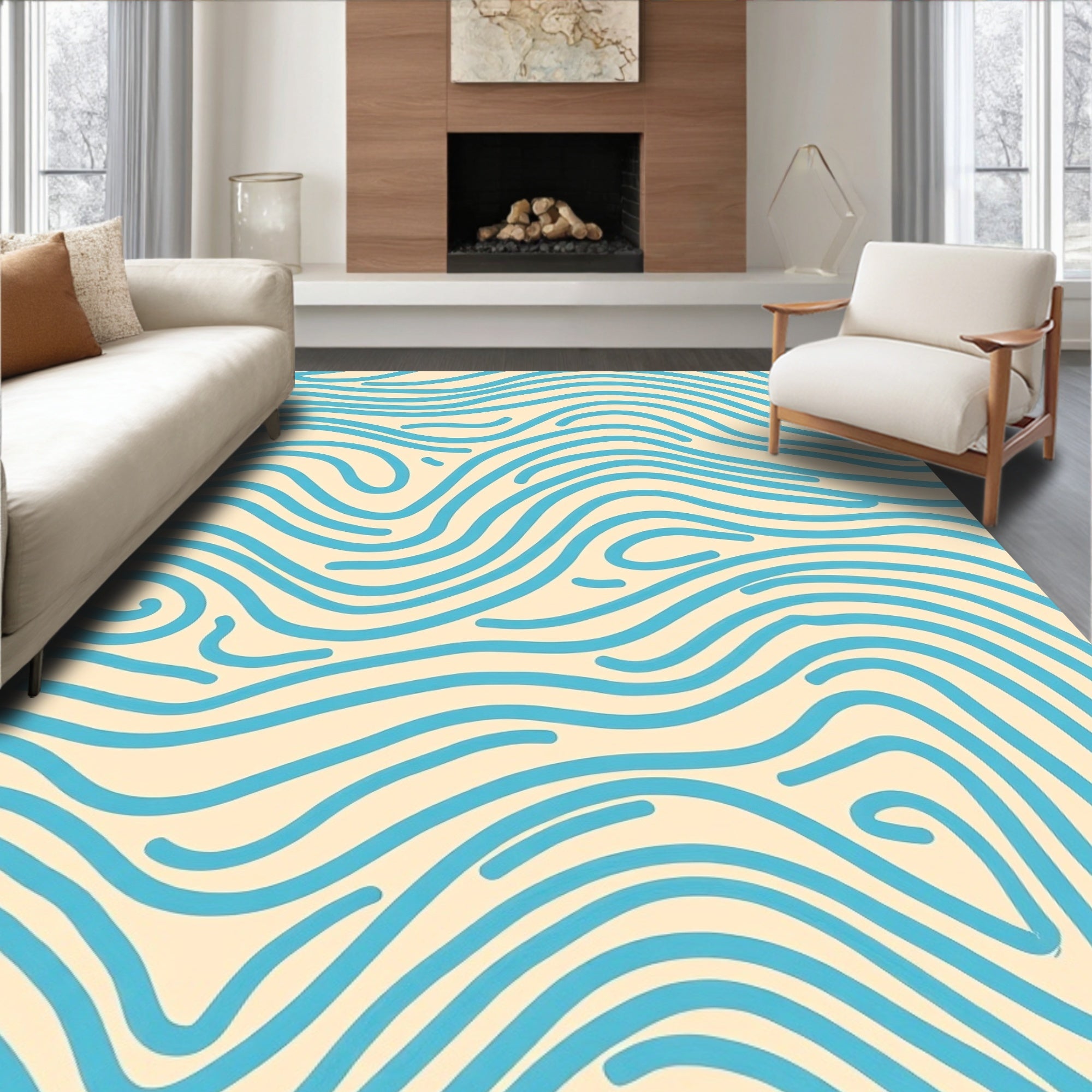Abstract Blue Wave Pattern Rug