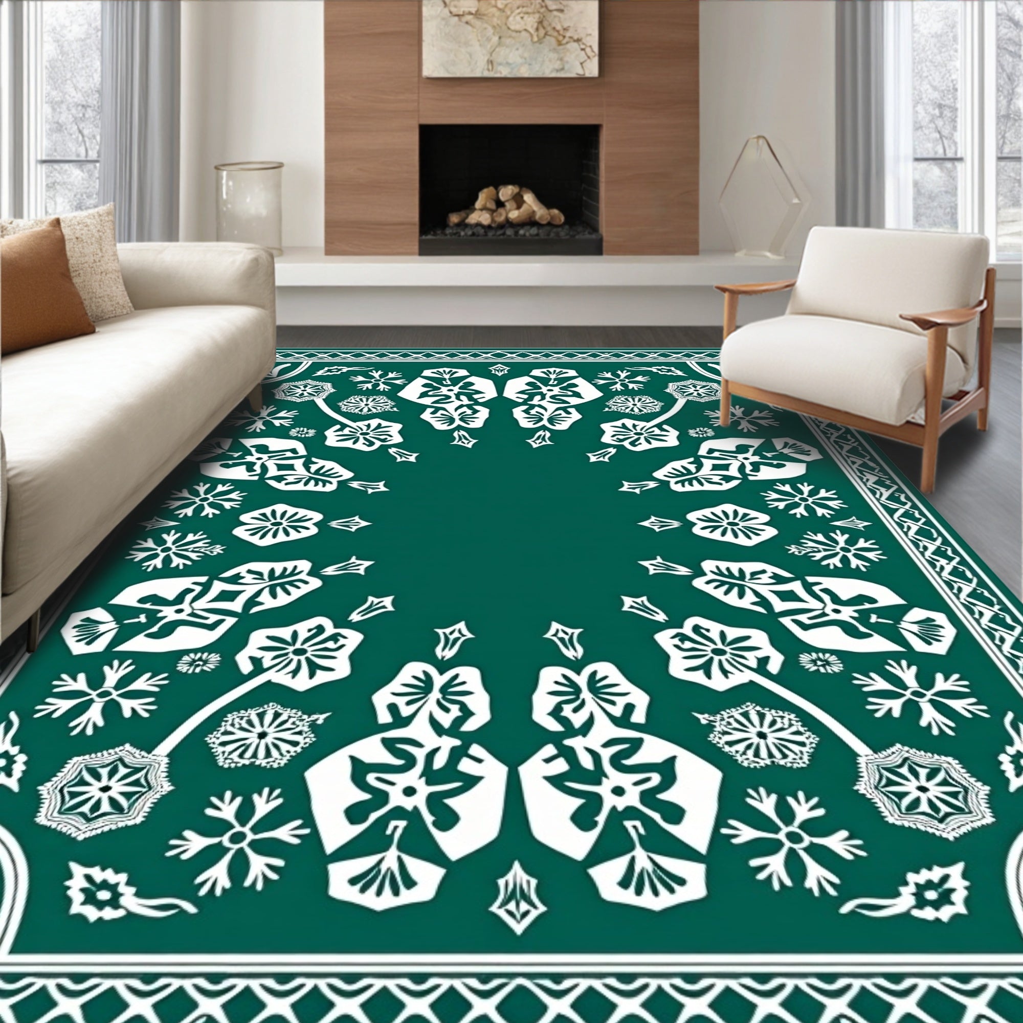 Symmetrical White Floral Pattern Teal Rug