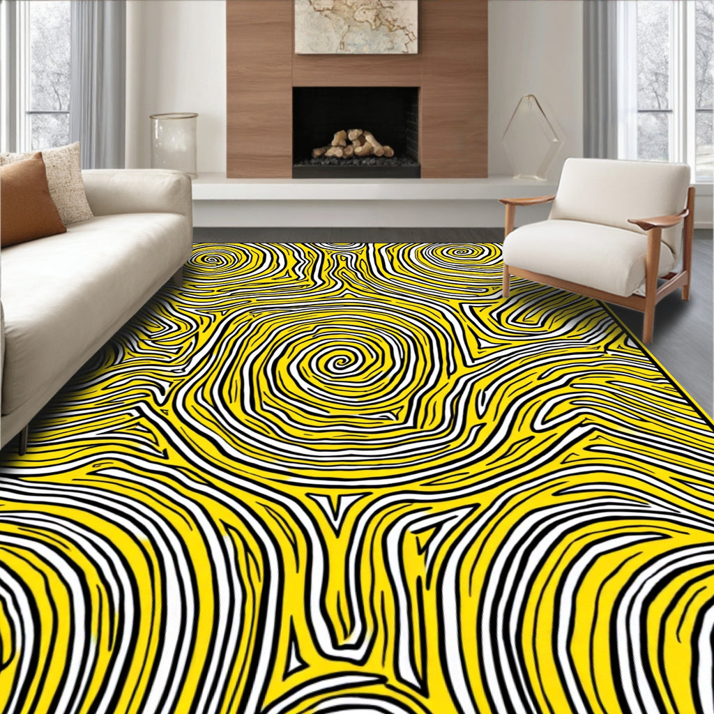 Abstract Yellow White Swirl Pattern Rug