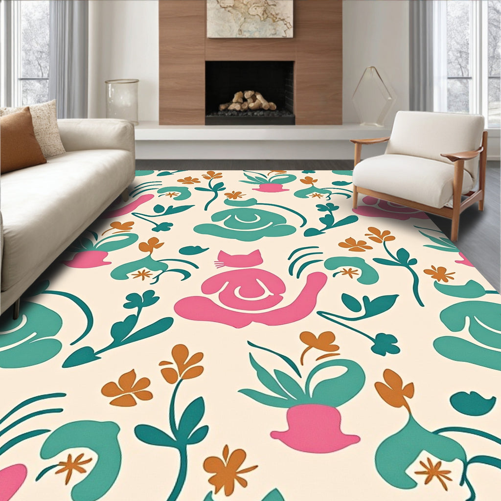 Playful Cat Floral Abstract Pattern Rug
