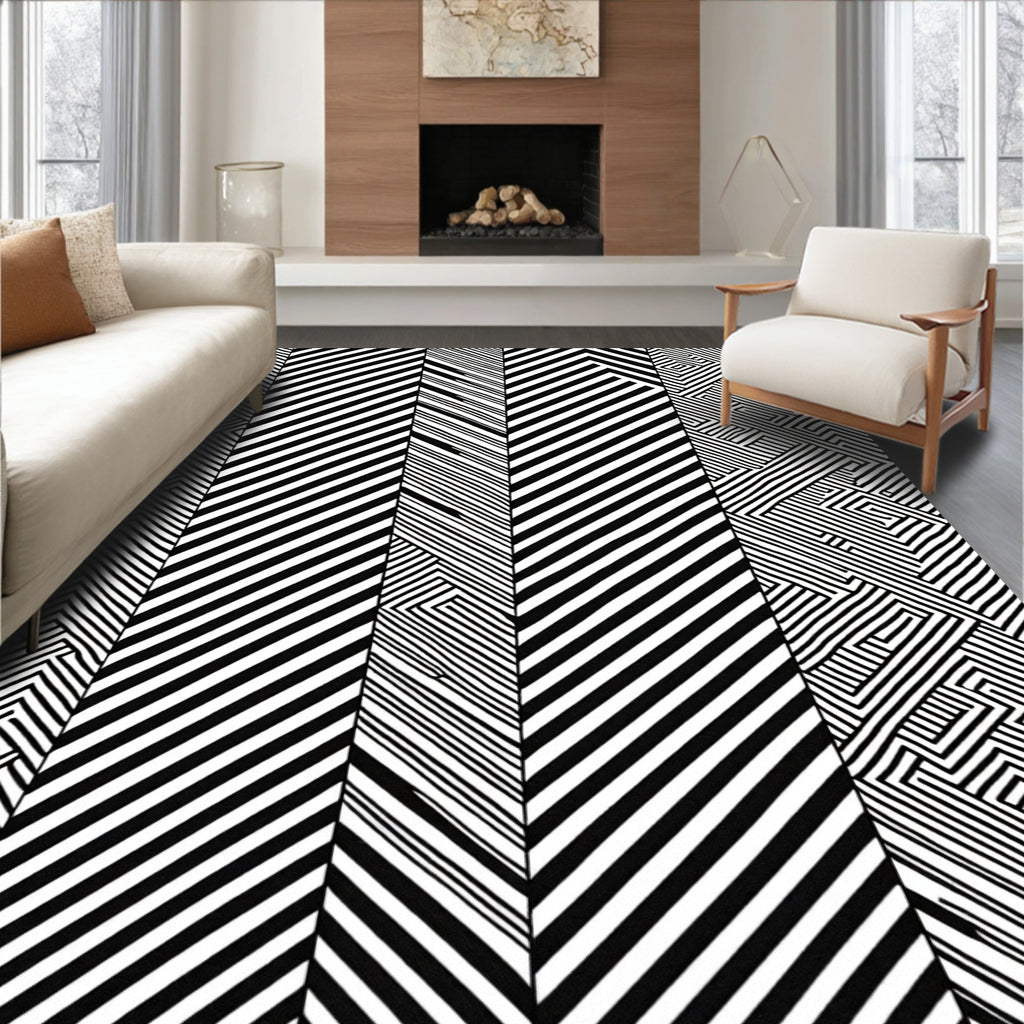 Bold Geometric Black White Stripe Pattern Rug