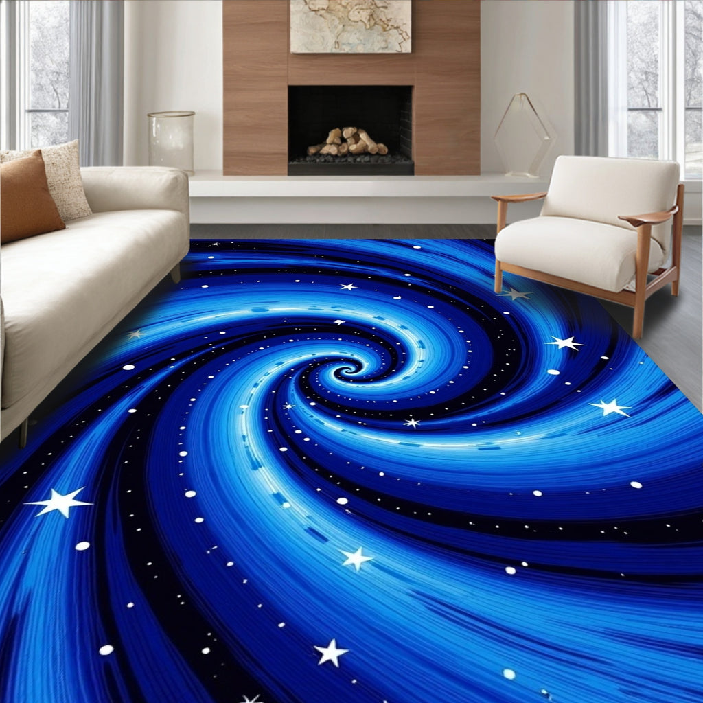 Blue Swirling Cosmic Star Pattern Rug