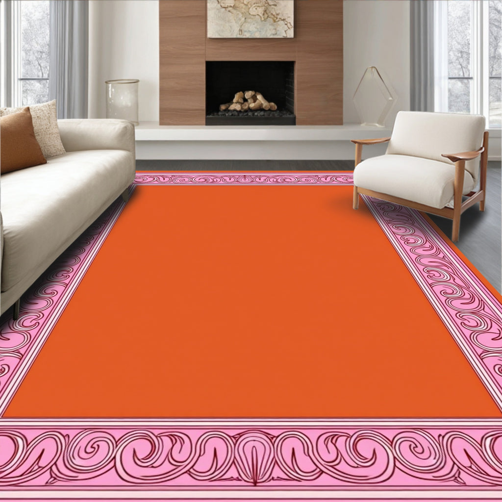 Pink Swirl Bordered Orange Print Rug
