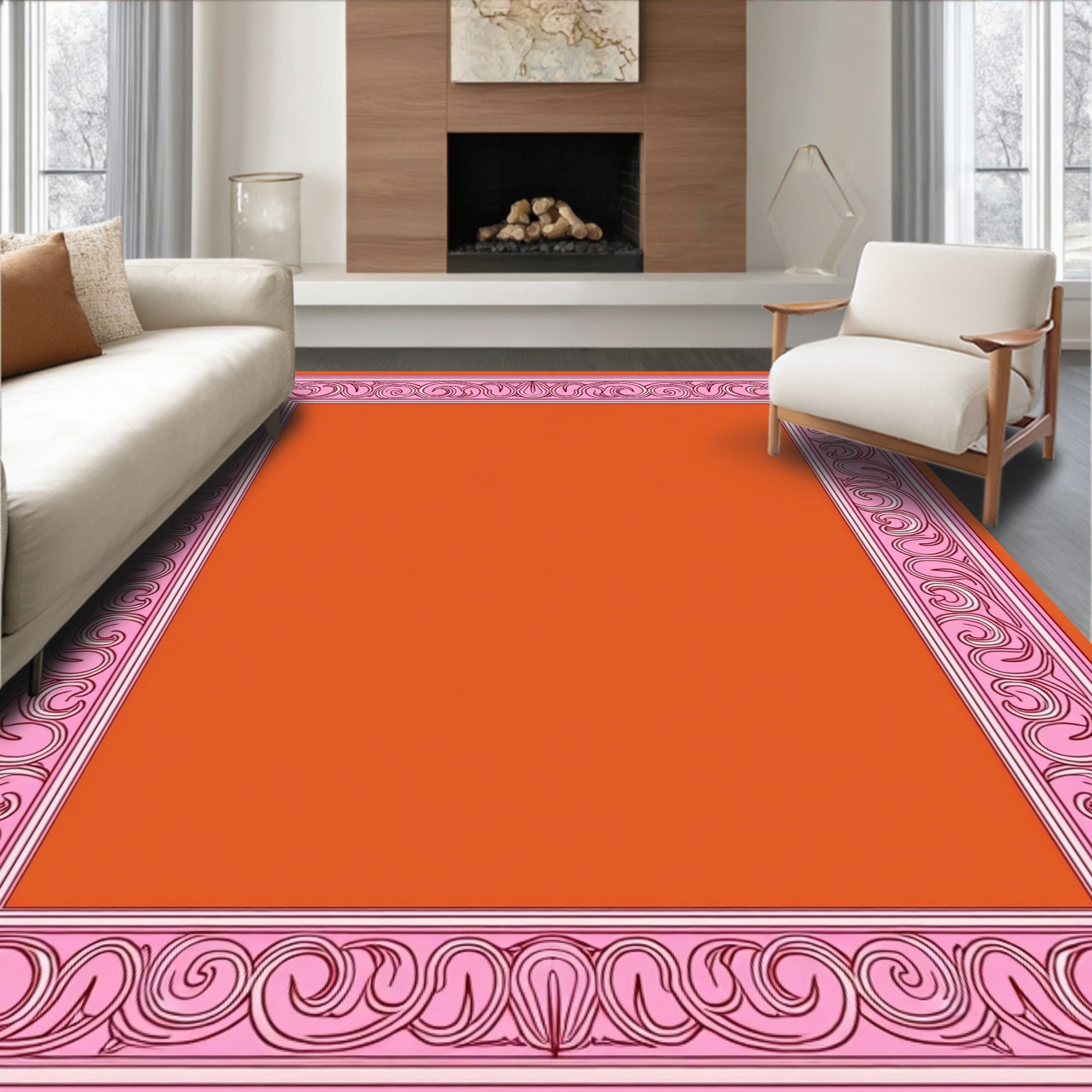 Pink Swirl Bordered Orange Print Rug
