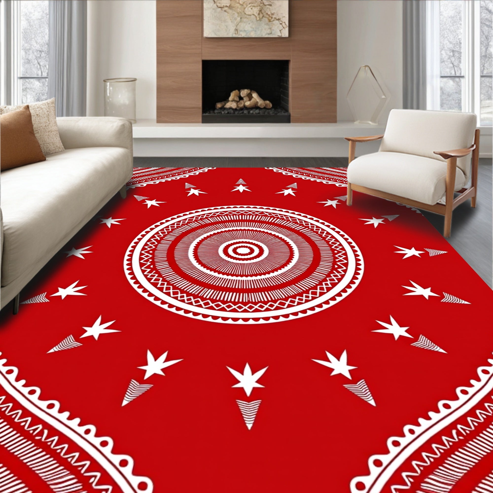 Red White Tribal Sunburst Pattern Rug