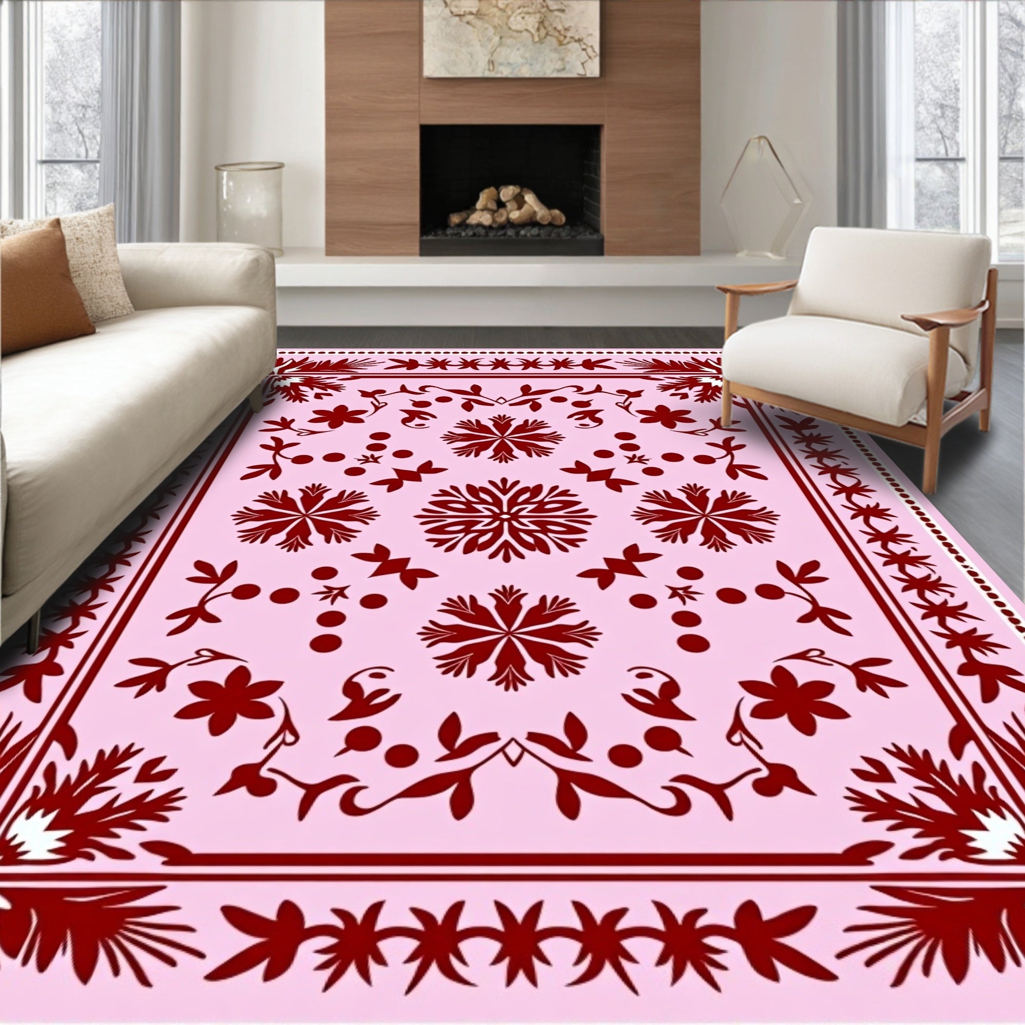 Floral Snowflake Patterned Pink Rug