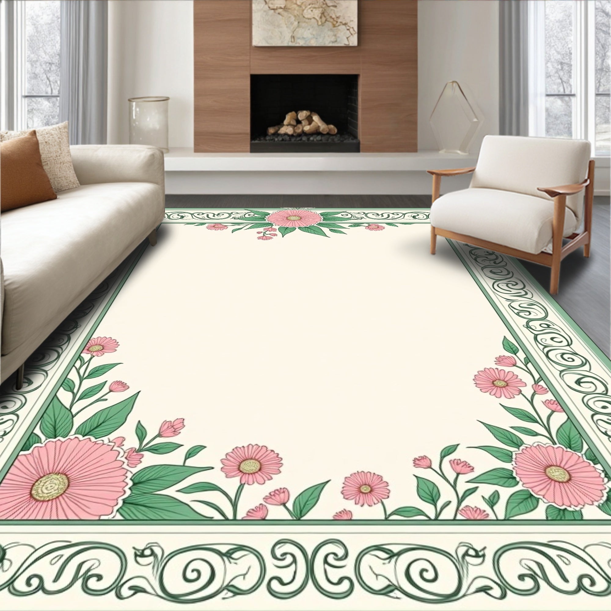 Green Floral Swirl Border Design Rug