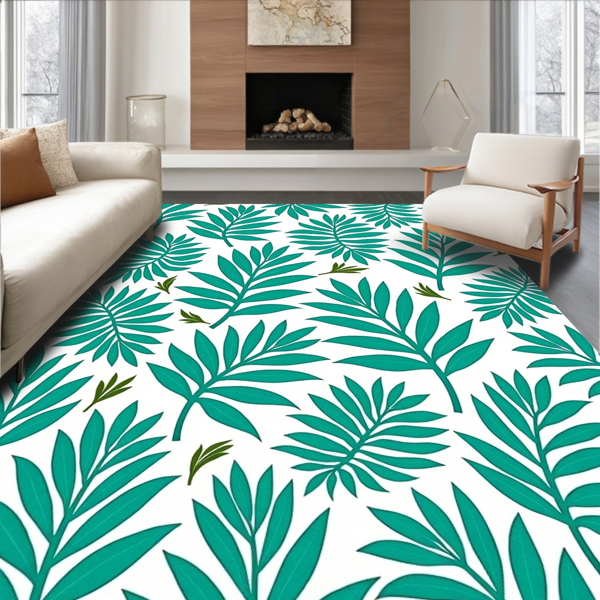 Tropical Green Leaf Pattern Rug