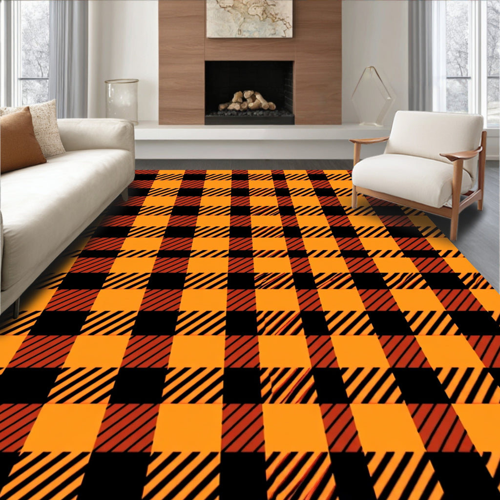 Orange Black Plaid Pattern Rug