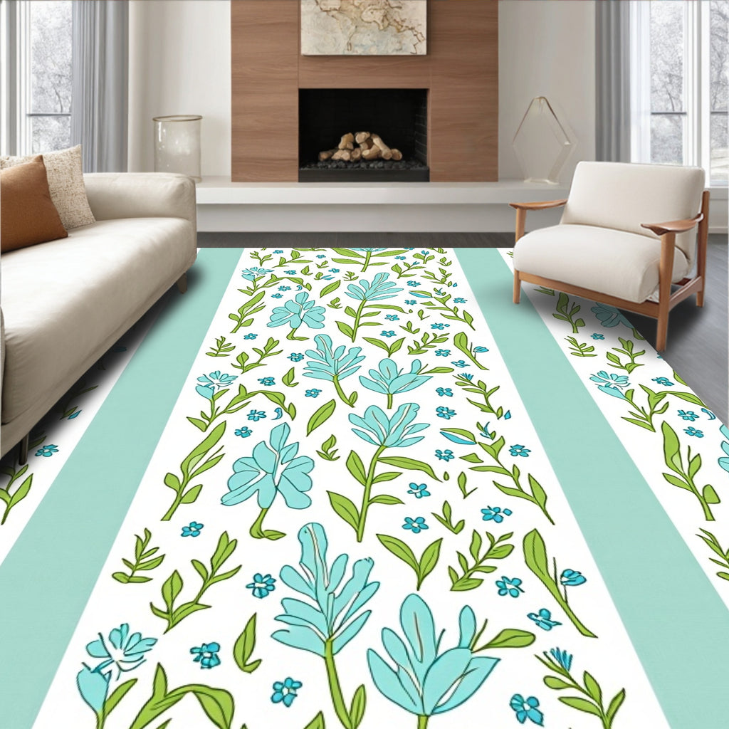 Blue Floral Vines Green Leaf Pattern Rug