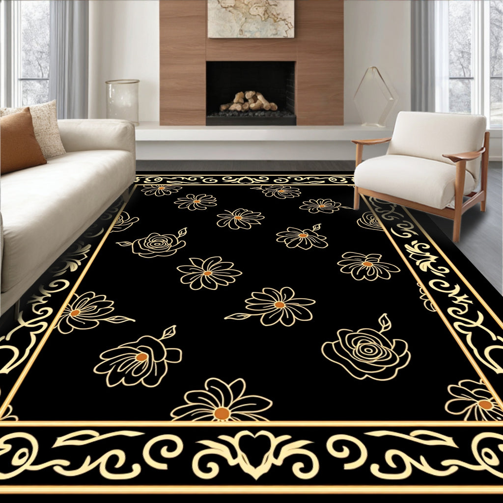Black Floral Border With Gold Outline Rug