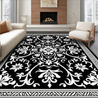 Black White Damask Floral Scroll Pattern Rug