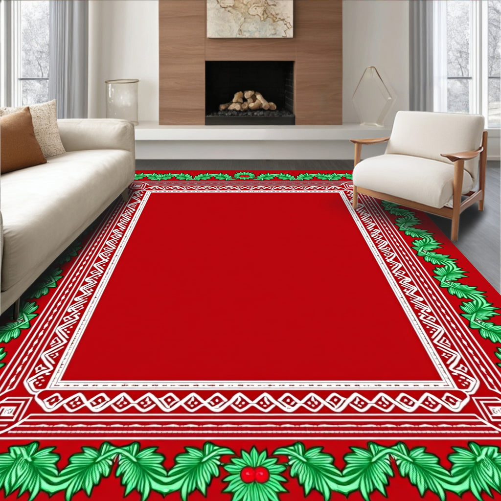 Red Green Leaf Holly Border Design Rug