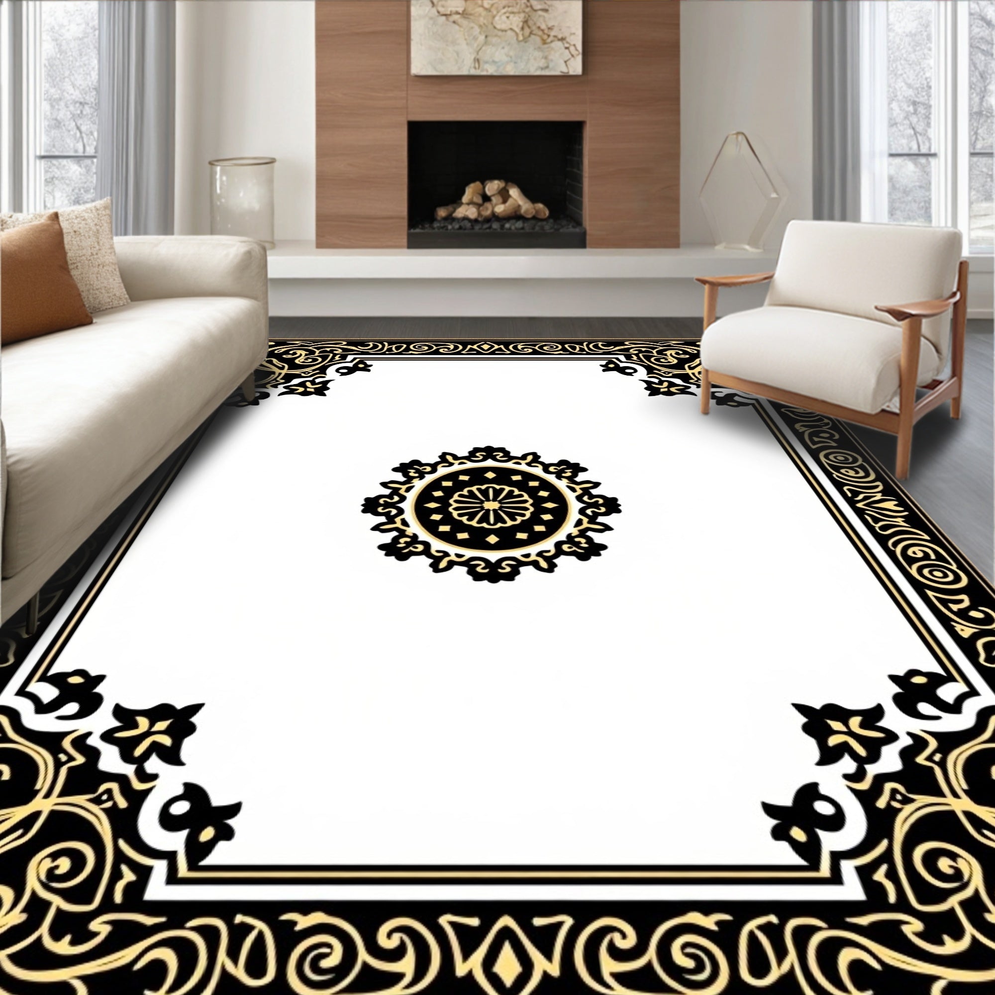 Ornate Black and Gold Floral Border Rug