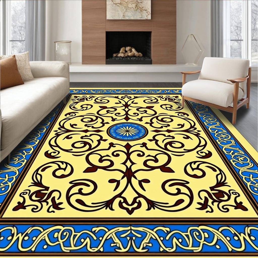 Yellow Blue Brown Traditional Floral Rug